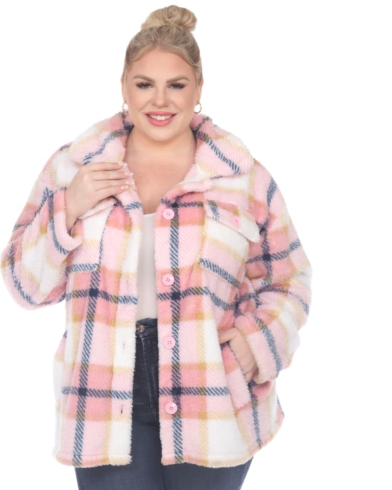 Front of a model wearing a size 2X Plaid Shacket in Pink by White Mark. | dia_product_style_image_id:247123